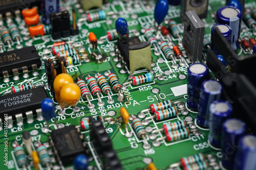 circuit motherboard detail with electronic components. Micro chips, capacitors or resistorstechnology. 