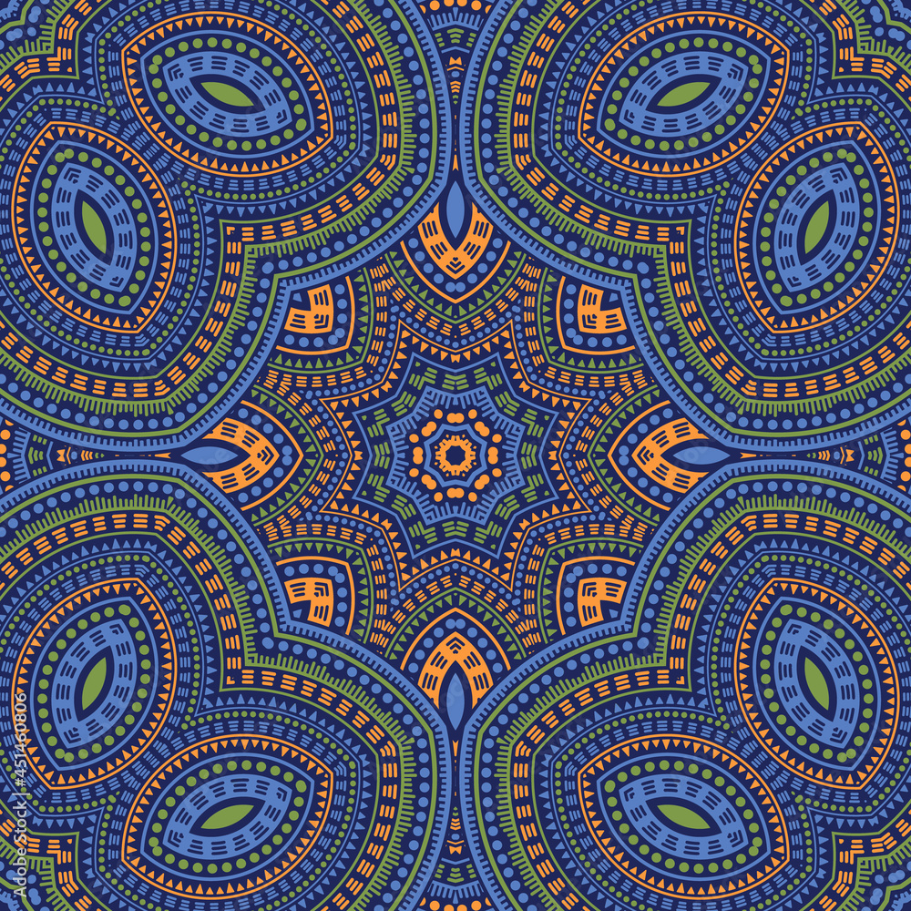 Arabian ethnic mosaic vector seamless ornament. Batik patchwork design. Classic majolica motif. Interior print design. Geometric shapes elements texture.