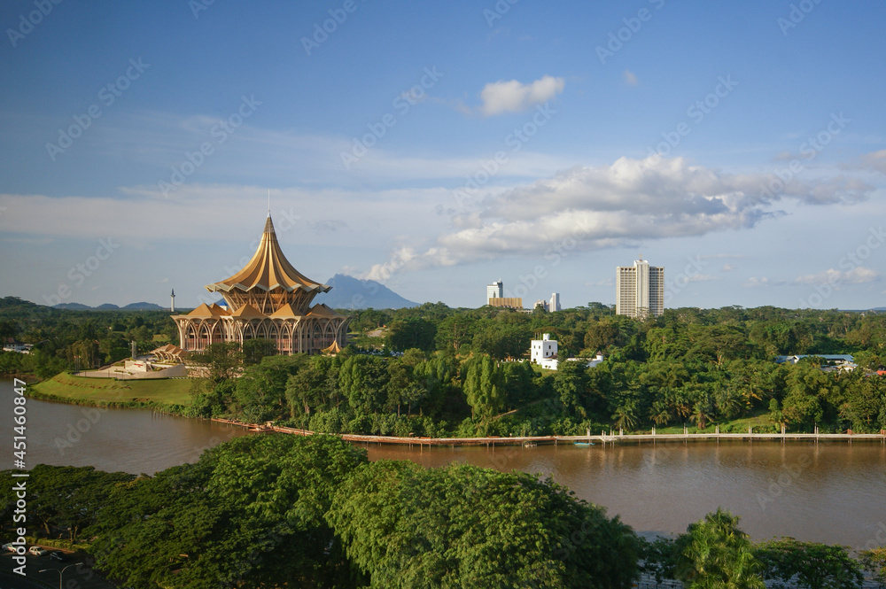 Scenic view over the Sarawak River in Kuching with the New Sarawak State Legislative Assembly Building