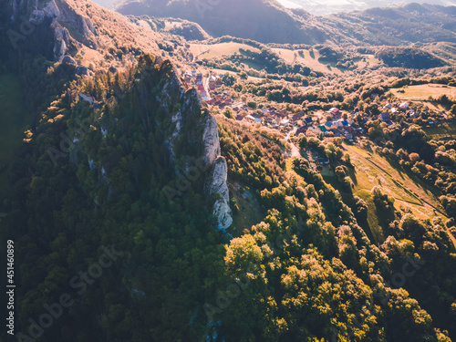 Ruins of the old castle Vrsatec. Vrsatec rocks, White Carpathian mountains in Slovak republic. Seasonal natural scene. Hiking theme photo