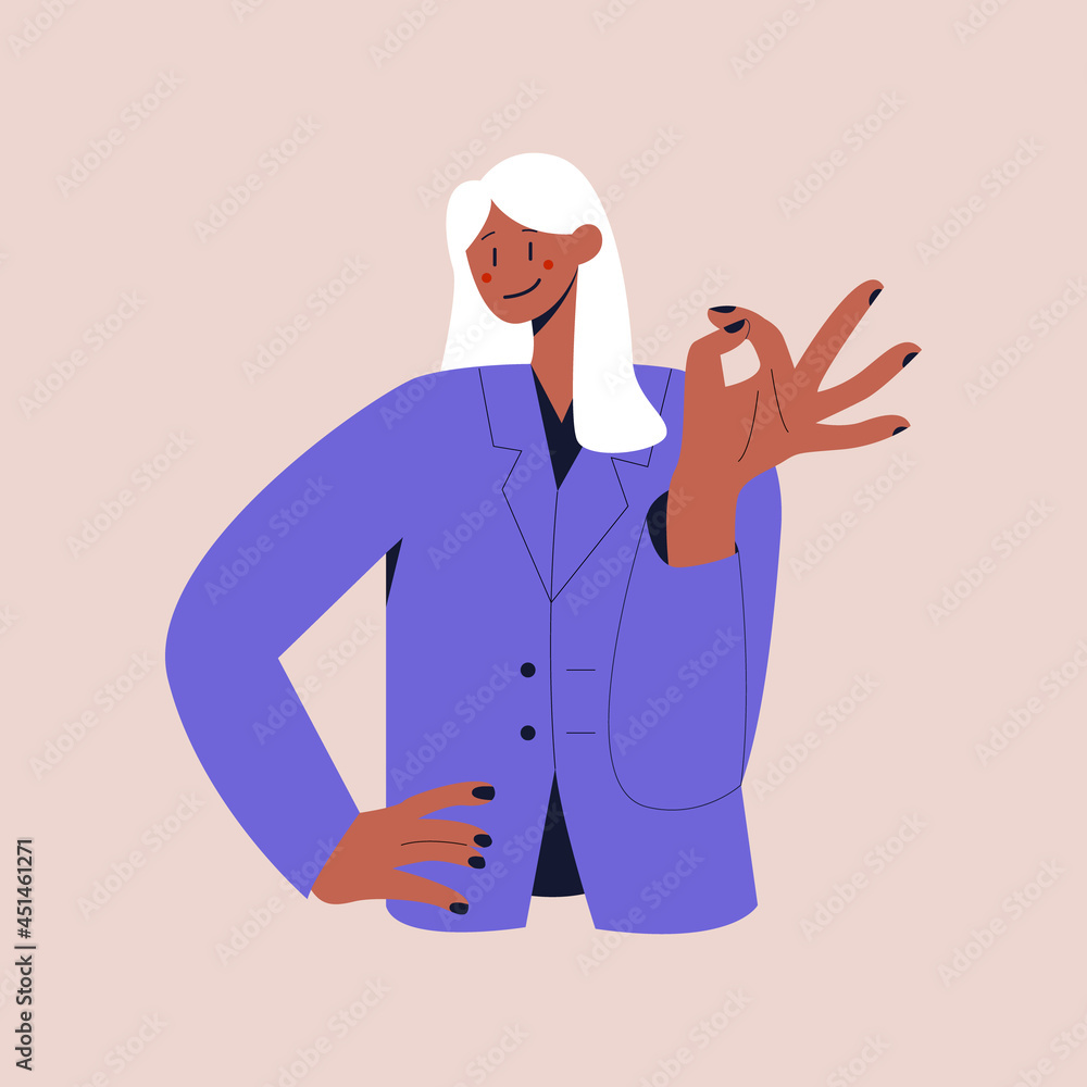 A happy black woman in a business suit shows the OK sign. The ok gesture. Colorful flat vector illustration on isolated background. Eps 10.
