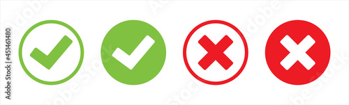 Check mark or checkbox pictogram icons set. Green tick icons. Green and red check mark icon. Circle tick approved symbol.