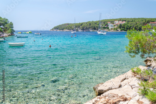 Idyllic Osibova bay with rocky beach nearby Milna on the west coast of Brac island in Croatia