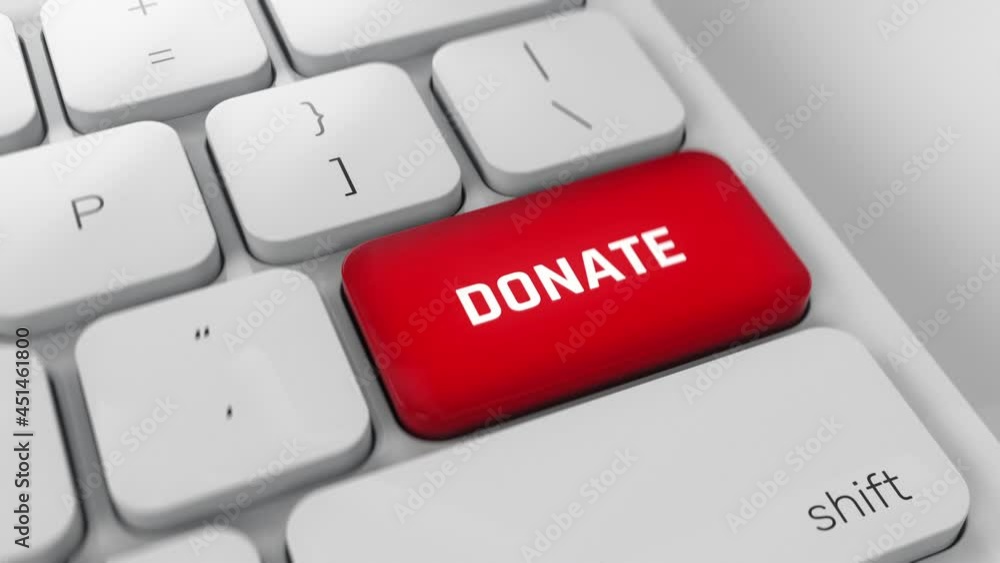 Donate red key button being clicked on white keyboard, charity, crowdfunding Donate red key button being clicked on white keyboard, charity, crowdfunding