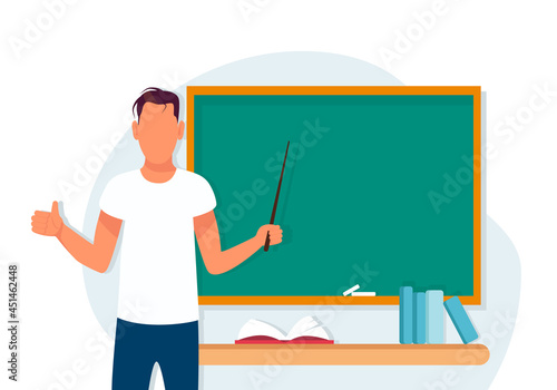 A young teacher man on the background of a blackboard with a pointer. A male with a like gesture. The teacher in the classroom. Vector illustration in flat style.