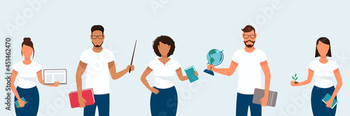 Group of teachers with a pointer, a globe, a laptop, books and a plant. A set of white-skinned and dark-skinned beautiful teachers. Men and women. Concept for schools and education. 