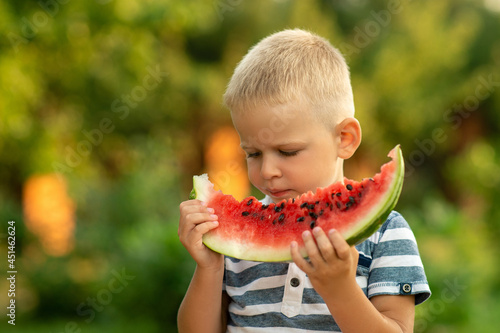 Boy eats watermelon outdoors. summer vacation in the countryside
