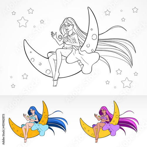 Cartoon anime vector color book page with coloring variations with young pretty girl sitting on moon on the night sky and looking on star