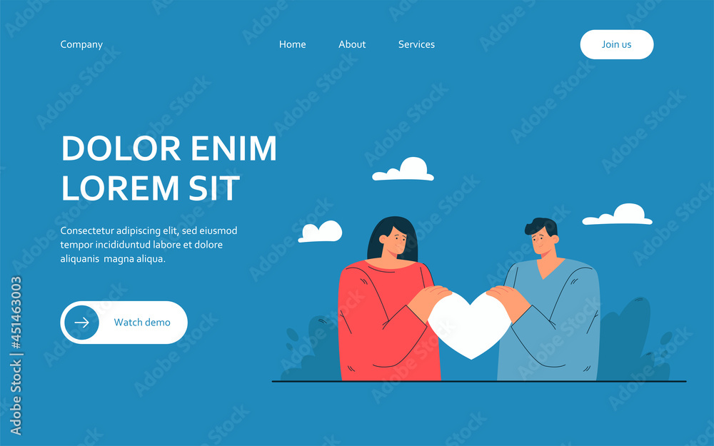 Cartoon man and woman holding one heart together. Flat vector illustration. Metaphor of two young people falling in love. Family, love, relationship concept for banner design or landing page Cartoon man and woman holding one heart together. Flat vector illustration. Metaphor of two young people falling in love. Family, love, relationship concept for banner design or landing page