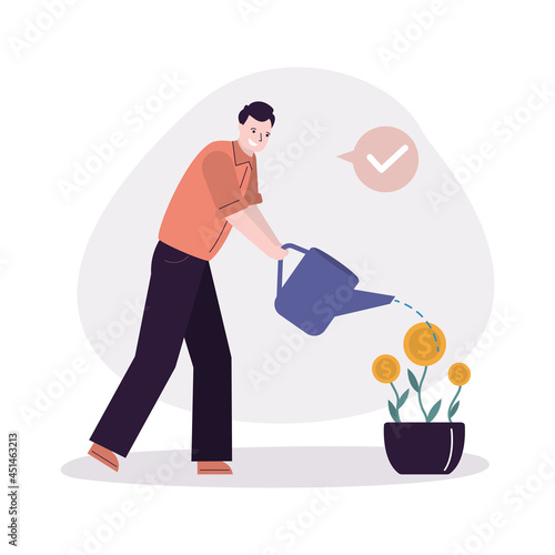 Businessman watering money tree. Male employee investing and saving cash. Money deposit. Guy save or hoard currency. Concept of investment, finance management