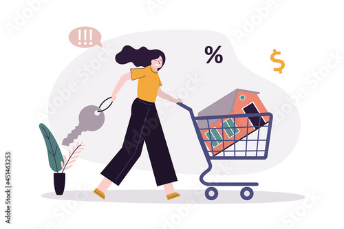 Mortgage loan. Woman with cart buying house. Concept of mortgage payment. House loan or money investment to real estate. Property money investment contract