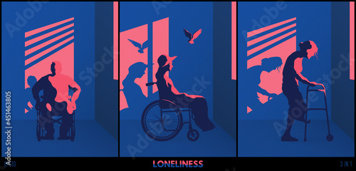 Sad lonely people. Blue red silhouette at window. Home self-isolation