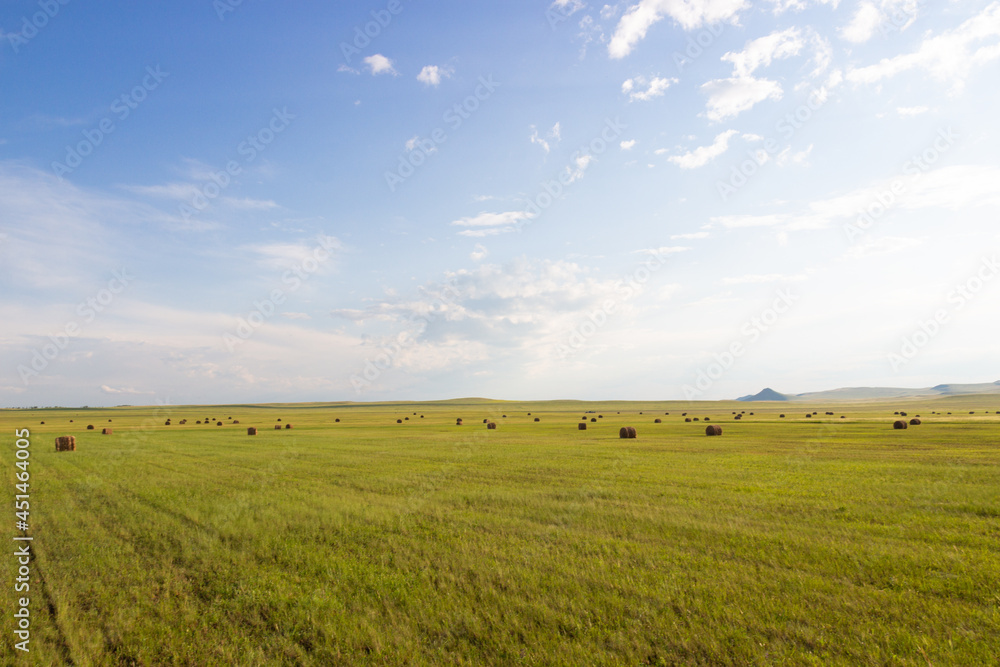 Summer sunny landscape with hay bales on mown infinity green fields against the background of distant hills in republic of Khakassia, Russia Summer sunny landscape with hay bales on mown infinity green fields against the background of distant hills in republic of Khakassia, Russia