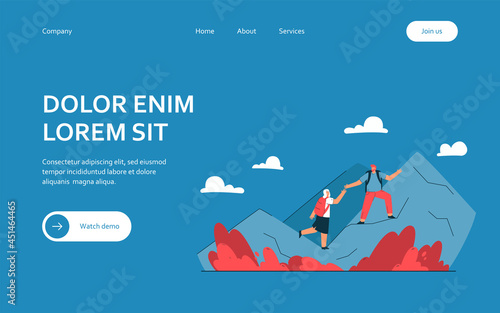 Man and woman hiking vector illustration. Couple of hikers with backpacks helping each other during trek on top of mountain. Outdoor activity concept for banner, website design or landing web page