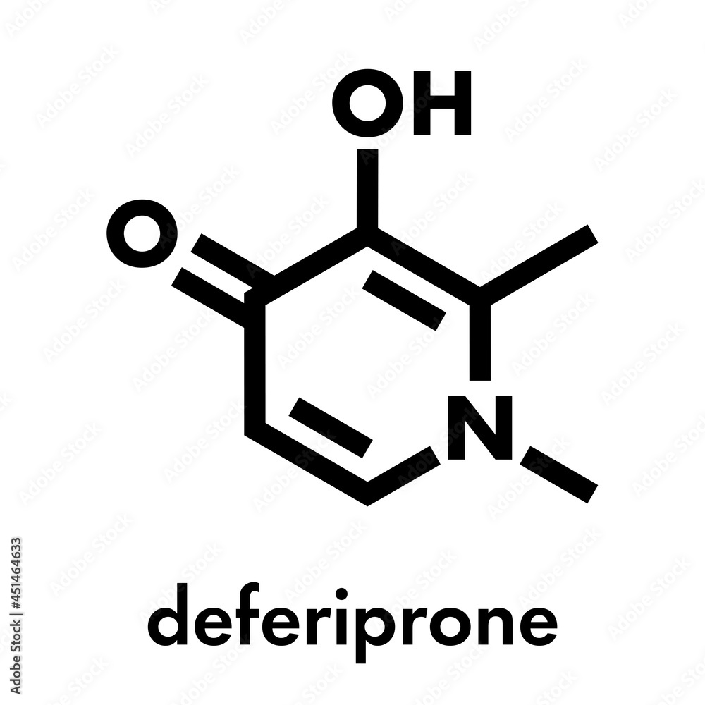 Deferiprone thalassaemia major drug molecule. Iron chelating agent. Skeletal formula. Deferiprone thalassaemia major drug molecule. Iron chelating agent. Skeletal formula.