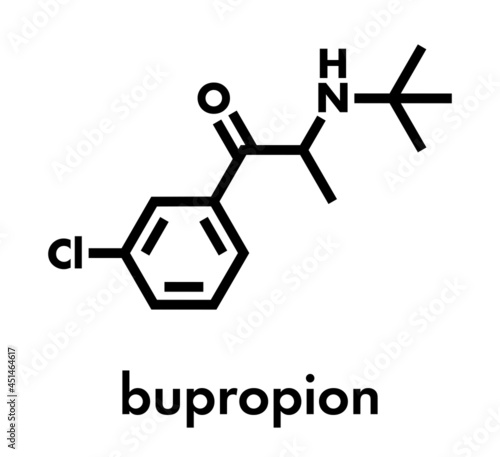 Bupropion antidepressant and smoking cessation drug molecule. Skeletal formula.