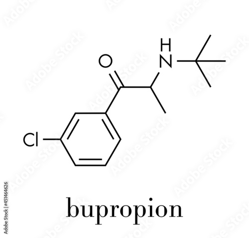 Bupropion antidepressant and smoking cessation drug molecule. Skeletal formula. photo