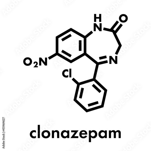 Clonazepam benzodiazepine drug molecule. Used in treatment of seizures, insomnia, anxiety, etc. Skeletal formula. photo