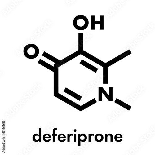 Deferiprone thalassaemia major drug molecule. Iron chelating agent. Skeletal formula.