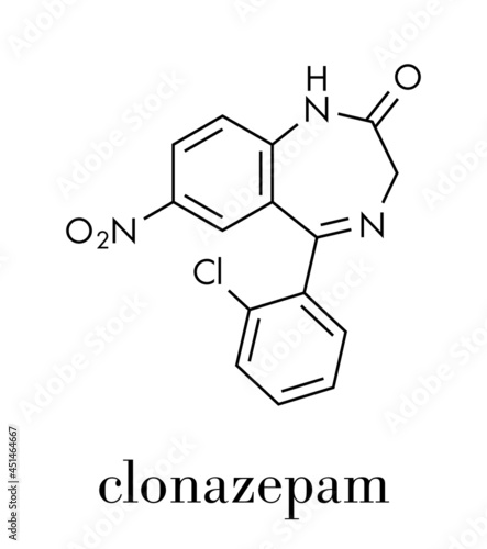 Clonazepam benzodiazepine drug molecule. Used in treatment of seizures, insomnia, anxiety, etc. Skeletal formula. photo