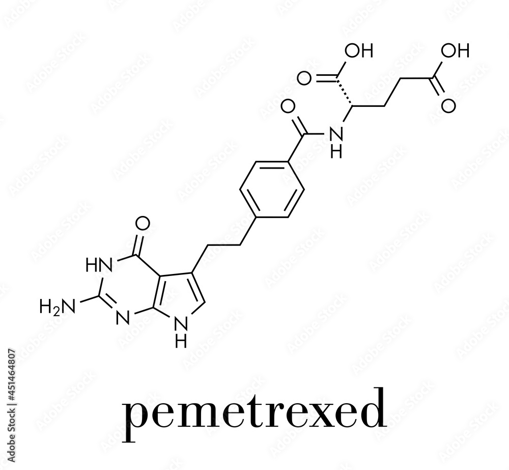 Pemetrexed lung cancer drug molecule. Skeletal formula. Pemetrexed lung cancer drug molecule. Skeletal formula.