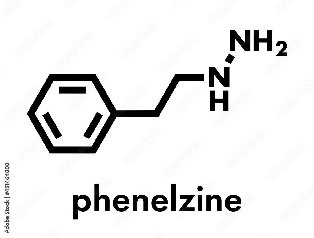 Phenelzine antidepressant molecule. Belongs to hydrazine class of antidepressants. Skeletal formula. Phenelzine antidepressant molecule. Belongs to hydrazine class of antidepressants. Skeletal formula.