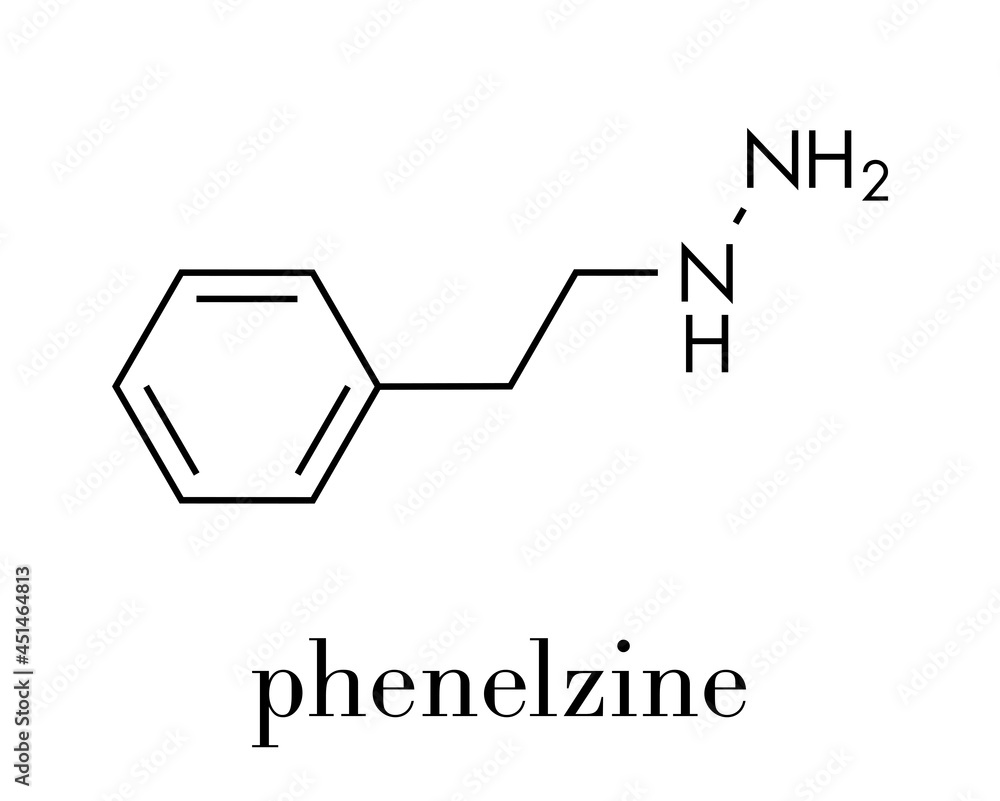 Phenelzine antidepressant molecule. Belongs to hydrazine class of antidepressants. Skeletal formula.