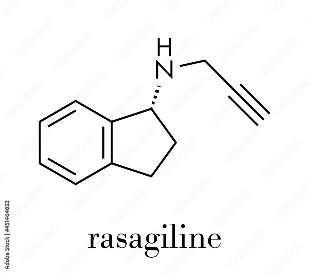 Rasagiline Parkinson's disease drug molecule. Skeletal formula. Rasagiline Parkinson's disease drug molecule. Skeletal formula.