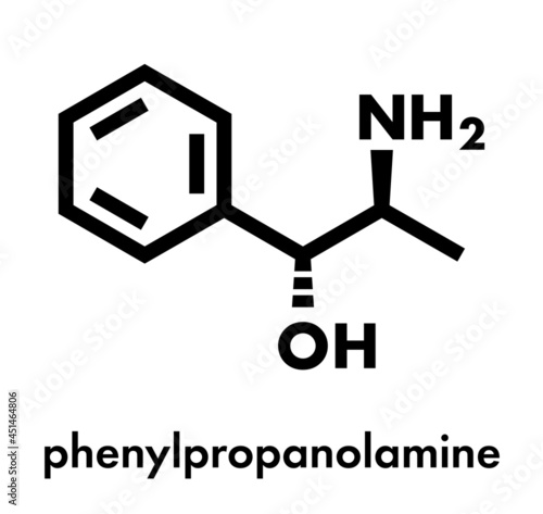 Phenylpropanolamine (norephedrine, norpseudoephedrine, beta-hydroxyamphetamine) drug molecule. Used as stimulant, decongestant and anorectic agent. Skeletal formula.