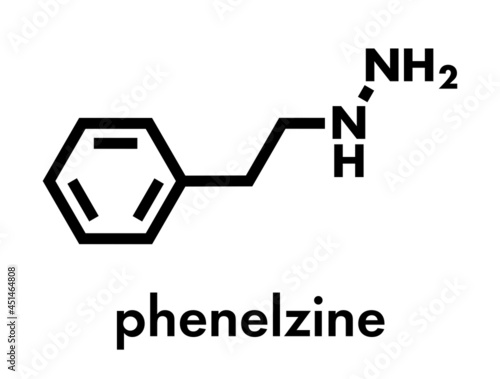 Phenelzine antidepressant molecule. Belongs to hydrazine class of antidepressants. Skeletal formula.