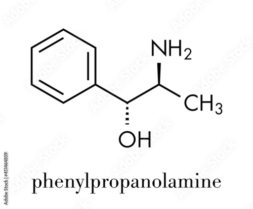 Phenylpropanolamine (norephedrine, norpseudoephedrine, beta-hydroxyamphetamine) drug molecule. Used as stimulant, decongestant and anorectic agent. Skeletal formula.
