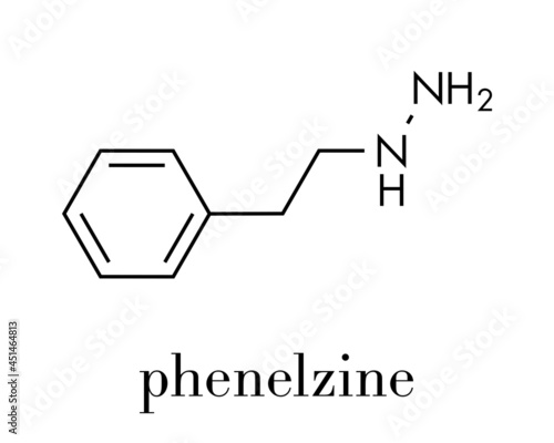 Phenelzine antidepressant molecule. Belongs to hydrazine class of antidepressants. Skeletal formula.