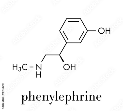 Phenylephrine nasal decongestant drug molecule. Skeletal formula. photo