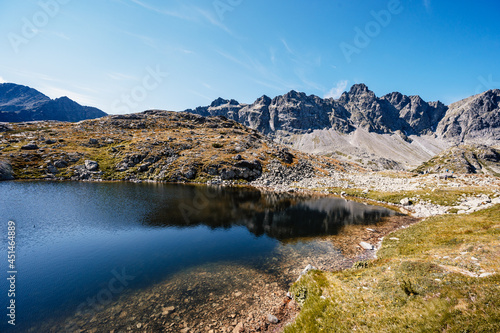 Hiking the Great Cold Valleyto Zbojnicka cottage through pirecne saddle.  High Tatras National partk , Slovakia photo