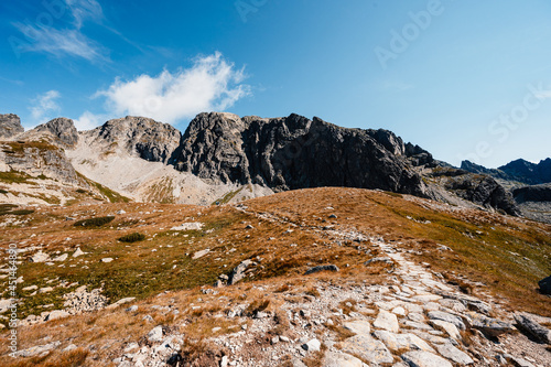 Hiking the Great Cold Valleyto Zbojnicka cottage through pirecne saddle.  High Tatras National partk , Slovakia photo