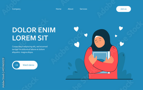 Happy nun hugging Bible. Flat vector illustration. Woman with head covered in scarf being in good mood and holding book tight. Faith, religion, Bible, love, harmony, reading concept for banner design