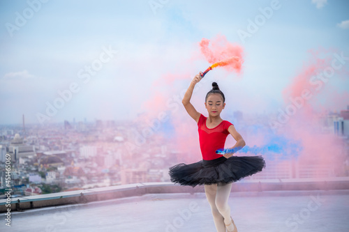 little children girl ballet dancer are happy and fun with classical performance art studio school, young ballerina pretty childhood elegance in beautiful dress © chokniti