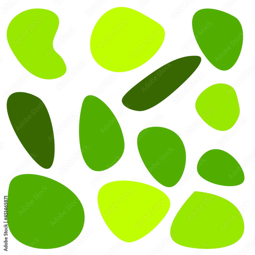 A set of isolated abstract random spots in a green color scheme. Vector illustration in modern style. Minimalist art. A set of isolated abstract random spots in a green color scheme. Vector illustration in modern style. Minimalist art.