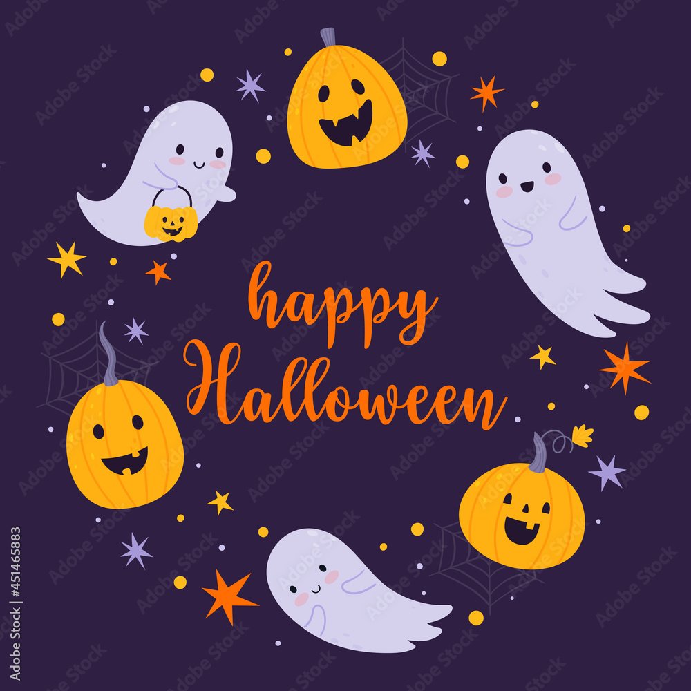 Happy Halloween. Vector template for postcard or banner with hand-drawn ghosts and pumpkins. Happy Halloween. Vector template for postcard or banner with hand-drawn ghosts and pumpkins.