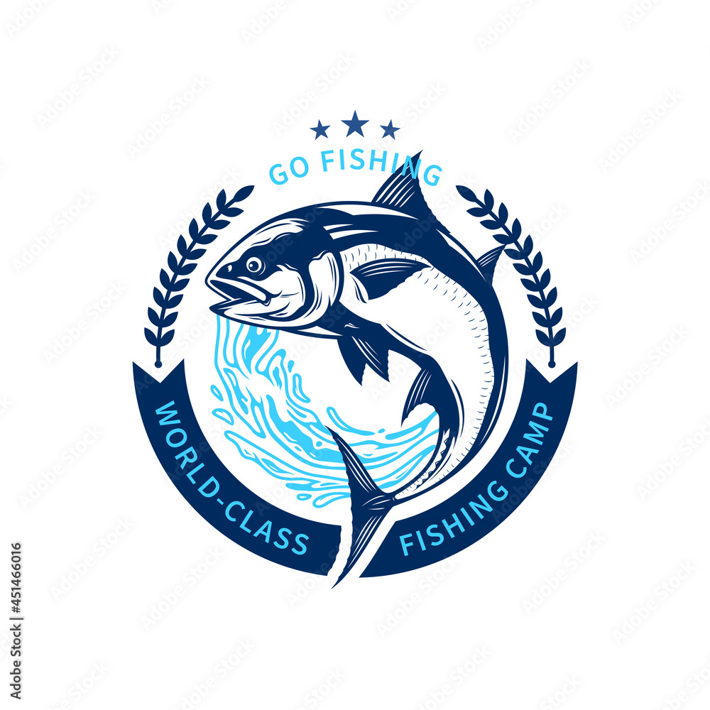 Vector fishing logo with jumping tuna and water splash Stock