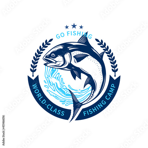 Vector fishing logo with jumping tuna and water splash