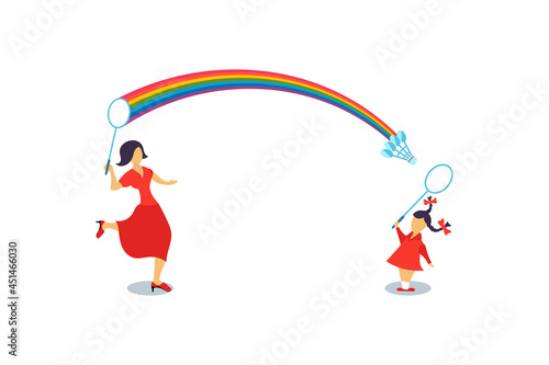 Dream to return to childhood. Mom and daughter play badminton. Girl and woman play badminton on white background. Vector illustration
