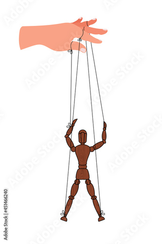 Wooden man mannequin isolated on white background. Concept Liberation from slavery. Cartoon flat toy. Vector illustration © Andrii