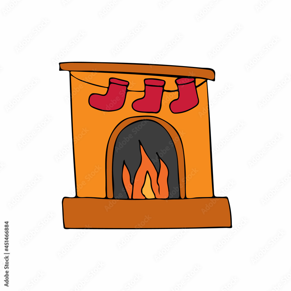 Colorful doodle christmas fireplace with stocks illustration in vector. Colorful christmas chimney with stocks icon in vector. Doodle christmas chimney icon Colorful doodle christmas fireplace with stocks illustration in vector. Colorful christmas chimney with stocks icon in vector. Doodle christmas chimney icon