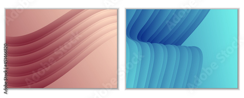 Abstract gradient waves background and folds. A set of 2 templates. 3D illustration in gentle pastel colors. Vector