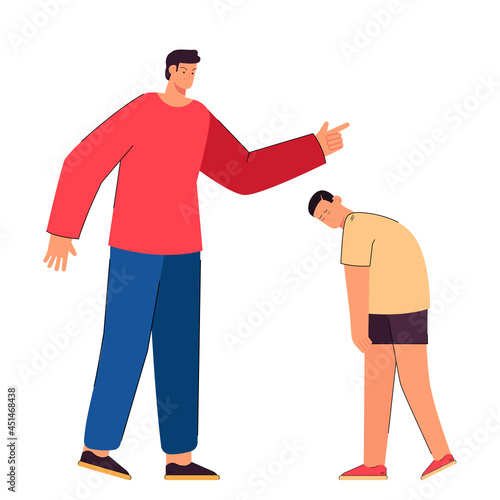 Angry dad punishing sad son flat vector illustration. Father screaming at crying child. Conflict, relationship, family, abuse, parenting concept for banner design or landing page