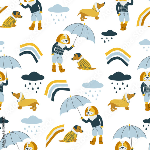 Vector seamless pattern with cat and dog, umbrella. Autumn weather.