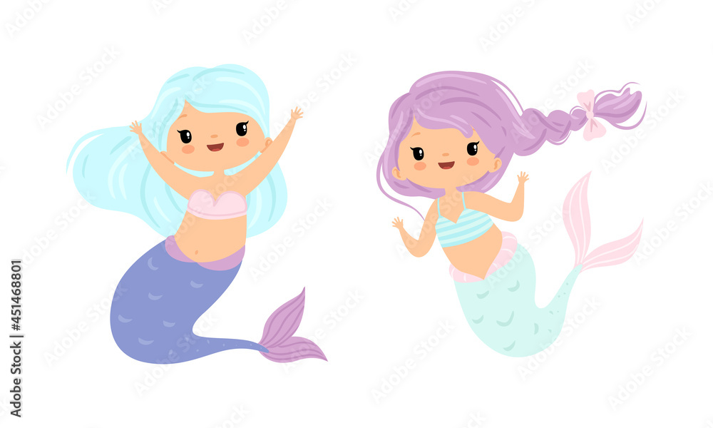 Mermaid with Waving Hair Floating Underwater Vector Set Mermaid with Waving Hair Floating Underwater Vector Set