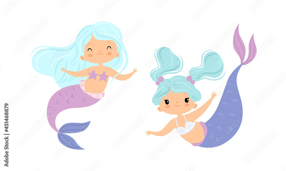 Mermaid with Waving Hair Floating Underwater Vector Set Mermaid with Waving Hair Floating Underwater Vector Set