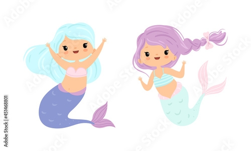 Mermaid with Waving Hair Floating Underwater Vector Set
